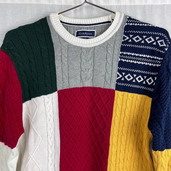 Club Room Sweater Mens Patchwork Cable Knit Pullover Preppy Fisherman Cozy - Picture 2 of 5